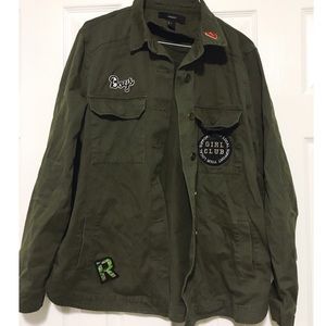 Jacket deep green with letters and fashion patches